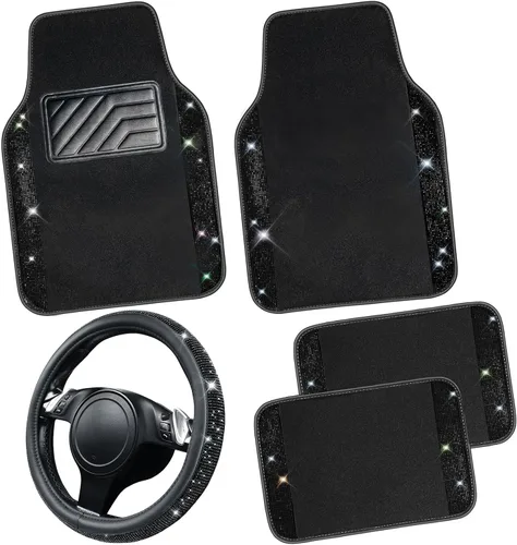 CAR PASS - Funda de volante de cuero con diamantes brillantes, tapetes de piso de 36.8 cm a 38.1 cm con diamantes de imitación brillantes, alfombra