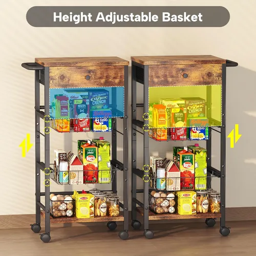 Miniatura 5 de Organizador de cocina y carrito de almacenamiento con cajón de tela y asa práctica, carrito organizador de aperitivos con 2 cestas extraíbles y 2