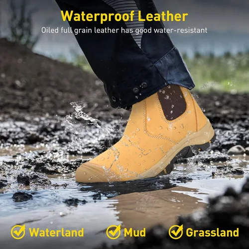 Miniatura 4 de OUXX Botas de trabajo Chelsea con punta de acero para hombre, botas de seguridad sin cordones, cuero impermeable, suela antideslizante, entresuela