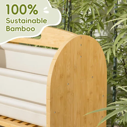 Miniatura 4 de Estantería de bambú de 2 lados y 3 niveles para niños, estante Montessori con ruedas seguras y cajón de almacenamiento grande, estantería