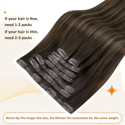Miniatura 8 de Full Shine - Extensiones de cabello con clip balayage, color marrón oscuro a marrón claro con mechas rubio caramelo, cabello humano Remy con trama