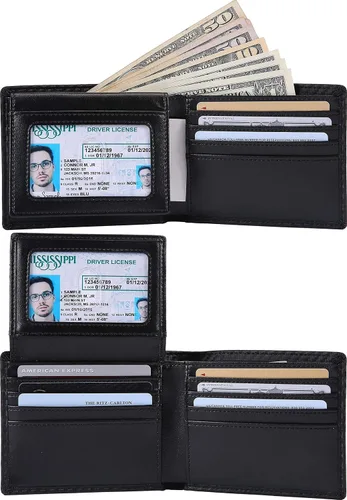 Miniatura 2 de NUMBER.WU 2 ID ventana carteras para hombres bloqueo RFID hombres de fibra de carbono doble cuero genuino trifold cartera para hombre, Negro, M