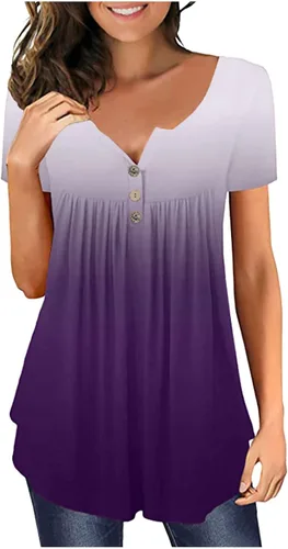 Miniatura 2 de Women Plus Size Gradient Printed V Neck Short Sleeve T Shirts Button Pullover Tank Tops Women Shirt Dress Button