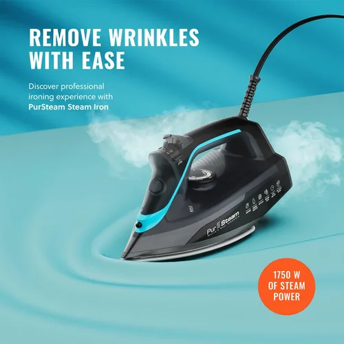 Miniatura 2 de Pursteam SteamBurst+ Plancha de vapor de 1750 W, suela de cerámica, vapor ajustable, ráfaga de vapor, autolimpiante, anticalco, antigoteo, potente