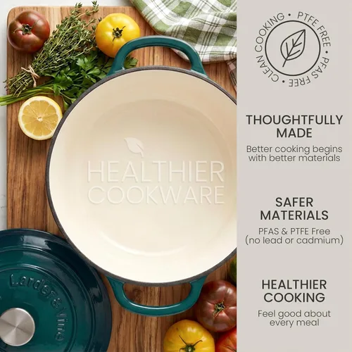 Miniatura 5 de Larder & Vine Horno holandés de hierro fundido esmaltado de 5.7 cuartos de galón con tapa, horno holandés para masa madre y hornear pan, esmalte