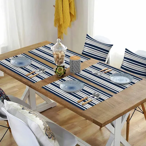 Miniatura 8 de Juego de 6 manteles individuales lavables de lino y algodón para cocina, mesa de comedor, color azul marino, gris y blanco, a rayas