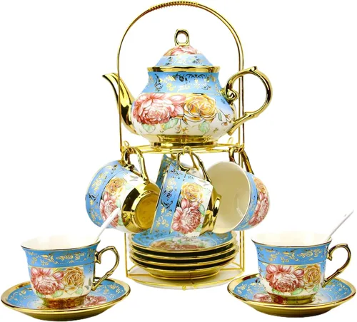 Miniatura 12 de Juego de té de porcelana de 20 piezas con soporte de metal, juego de té de cerámica europeo para adultos, juego de té de flores, juego de té