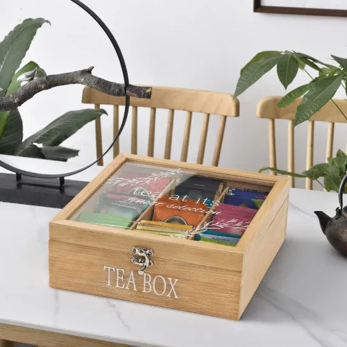 Miniatura 4 de Caja de té, almacenamiento de bolsas de té, organizador de bolsas de té de bambú, baúl moderno con 9 compartimentos y cubierta transparente