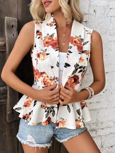 Miniatura 5 de Floerns Blazer sin mangas con estampado floral y cuello de chal y dobladillo con volantes para mujer