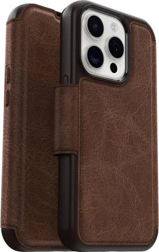 OtterBox Strada Folio Series - Funda para iPhone 15 Pro (solamente), color café (marrón), tarjetero, broches a presión a MagSafe, piel auténtica,