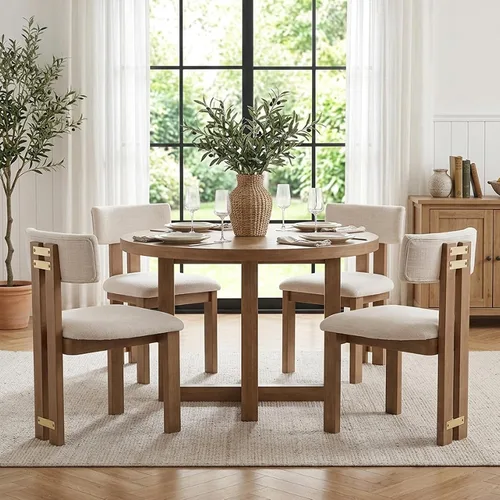 HNY Juego de 4 sillas de comedor modernas de lino, tapizadas de tela beige, con marco de madera natural y respaldo curvado, sillas de madera sin