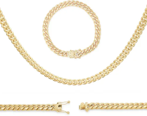 BEBERLINI Cuban Link Chain 14K Gold Plated Curb Customizable Necklace 30 Bracelet 85 9 Stainless Steel Fashion Jewelry Set For Men 6 mm - 14 mm