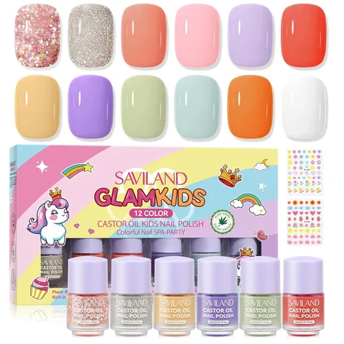 SAVILAND Glamkids - Juego de esmaltes de uñas para niños: 12 colores de secado rápido, no tóxico, para niños pequeños, esmalte de uñas despegable a