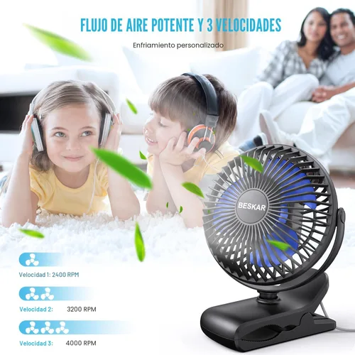 Miniatura 8 de BESKAR Ventilador de clip alimentado por USB, ventilador portátil de 6 pulgadas con cable, 3 velocidades de flujo de aire fuerte, ventilador pequeño