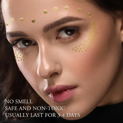Miniatura 5 de 1 hoja de tatuajes faciales temporales metálicos dorados, pecas sintéticas, calcomanías de maquillaje, impermeables, brillantes, arte corporal