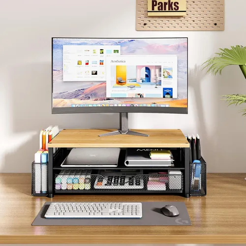 Miniatura 2 de OPNICE - Organizadores y accesorios de escritorio, con soporte de monitor de computadora de 2 niveles, cajón y 2 soportes para bolígrafos, Roble