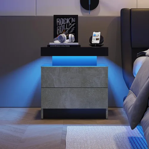 Miniatura 11 de Mesita de noche LED para mesita de noche, mesa auxiliar, luces laterales modernas con 2 cajones para dormitorio, color negro/dorado