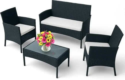 EconoHome Juego de muebles de patio para exteriores de 4 piezas, juego de patio con 2 sillas de ratán, 1 sofá biplaza y 1 mesa de centro de cristal,