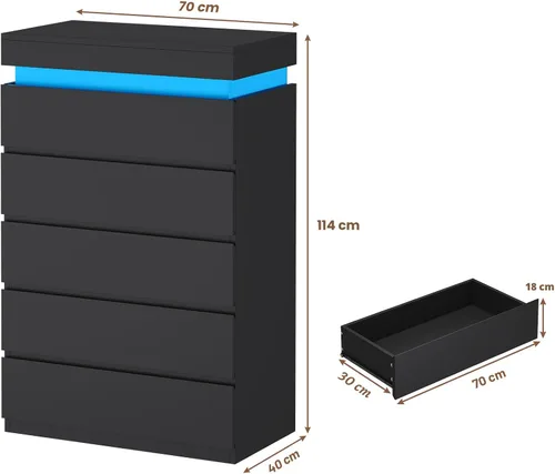 Miniatura 2 de HAUOMS Cómoda alta de 5 cajones con luz LED, cómoda moderna negra para dormitorio, cómodas de armario con cajones para sala de estar, entrada