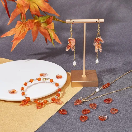 Miniatura 2 de PH PandaHall 100 dijes de hojas de otoño, hojas de árbol de otoño, cuentas de plantas, colgantes de vidrio transparente de dos colores para hacer