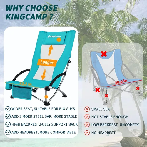 Miniatura 5 de KingCamp Paquete de 2 sillas de playa ligeras y plegables con respaldo alto con soporte para tazas, bolsa de almohada para acampar al aire libre