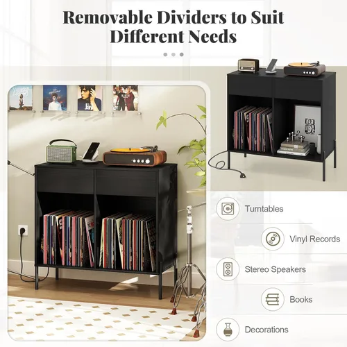 Miniatura 6 de Giantex Soporte grande para tocadiscos con estación de carga, soporte giratorio de madera de mediados de siglo con 2 cajones de almacenamiento