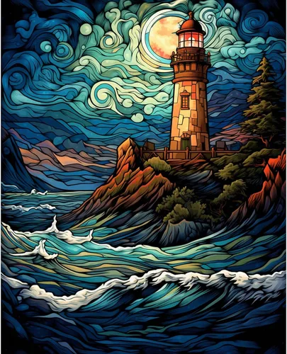 Miniatura 13 de Pintura de faro de fantasía, pintura dramática por números, 16 x 20 pulgadas, lienzo para bricolaje, pintura al óleo del océano tropical