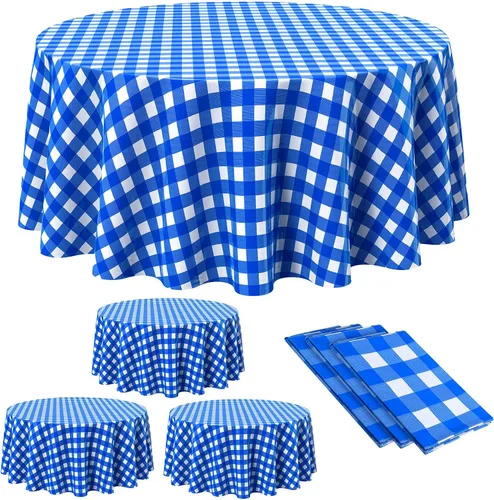 Miniatura 12 de Remagr Mantel Desechable de Cuadros Redondo de Plástico Buffalo Plaid Mantel de Mesa de 84'' Cubierta de Mesa Gingham para Picnic Camping BBQ Fiesta