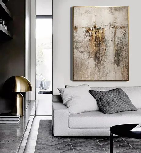 Miniatura 2 de Pintura de arte abstracto grande beige dorado marrón para sala de estar, pintura gris beige, arte de pared escandinavo, decoración del hogar, 14 x