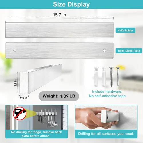 Miniatura 3 de Soporte magnético para cuchillos de pared de 16 pulgadas, tira magnética para refrigerador, barra magnética para cuchillos de pared, soporte