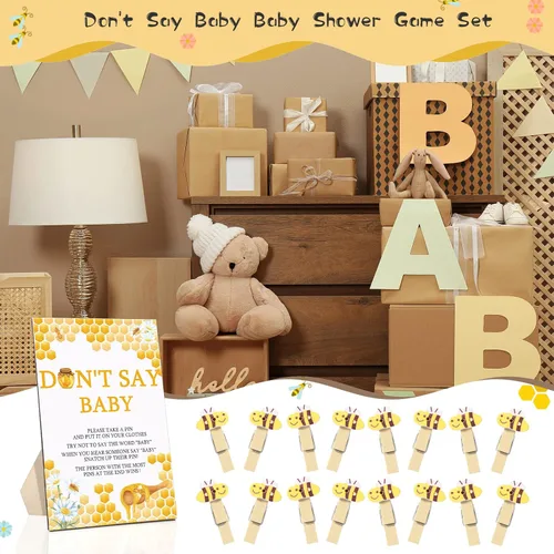Miniatura 6 de Unittype 51 Piezas No Digas Bebé Juego de Baby Shower Regalos Incluye Letrero de Baby Shower Tema Abeja y 50 Mini Pinzas de Ropa de Abeja para Niños