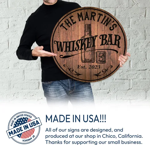 Miniatura 7 de Letrero de barra de whisky personalizado de 10 pulgadas, 14 pulgadas, 18 pulgadas, letrero redondo de madera, accesorios de barra de borbón