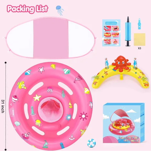 Miniatura 7 de Flotador de piscina para bebé con toldo, flotador inflable de natación para bebés con protección solar UPF50+, flotador de piscina infantil con Rosa