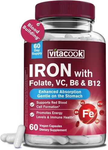 Suplemento de Hierro para Mujeres y Hombres, Bisglicinato de Hierro con Vitamina C, B6, B12, Ácido Fólico, Amigo del Estómago, Sin Efectos de