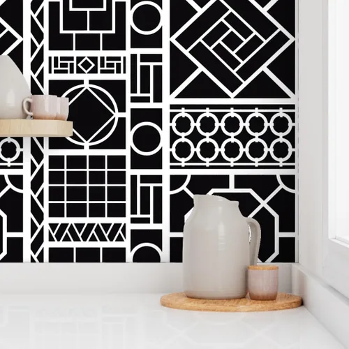 Miniatura 8 de Spoonflower Pelar y pegar muestra de papel tapiz - Enrejado Negro Círculos Blancos Graffiti Chinoiserie Palm Beach China Papel pintado extraíble