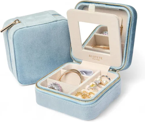 Miniatura 90 de BLUTETE Joyero de viaje organizador de terciopelo con anillos de espejo, aretes, collares, caja organizadora de almacenamiento (negro)