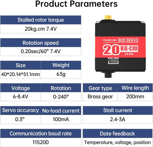 Miniatura 9 de LX-224 Serial Bus Servo, 3 Conectores 44.1 lbs Gran Torque Doble Rodamiento de Bolas Motor Servo de Metal Completo Equipado con Sistema