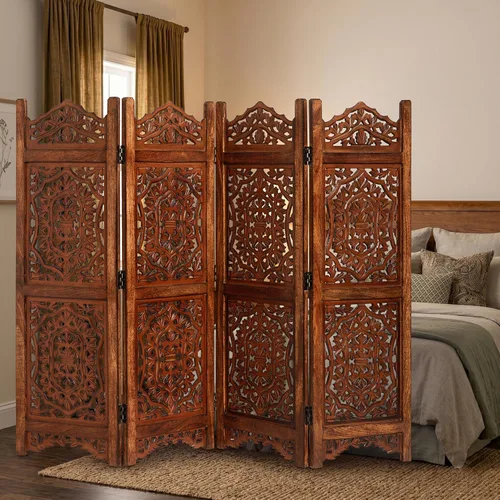 Miniatura 5 de Lightnpro 4 Panel Royal Octagon Wooden Room Divider 64"(W) x 48"(H) Handmade Heart Design Partition, Intricately Carved, Hinged & Foldable
