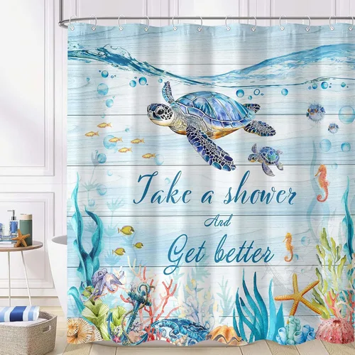 Miniatura 4 de Cortina de Ducha de Tortugas Marinas, Cortina de Baño Temática del Océano de Coral y Estrellas de Mar, Decoración de Baño de Vida Marina Submarina