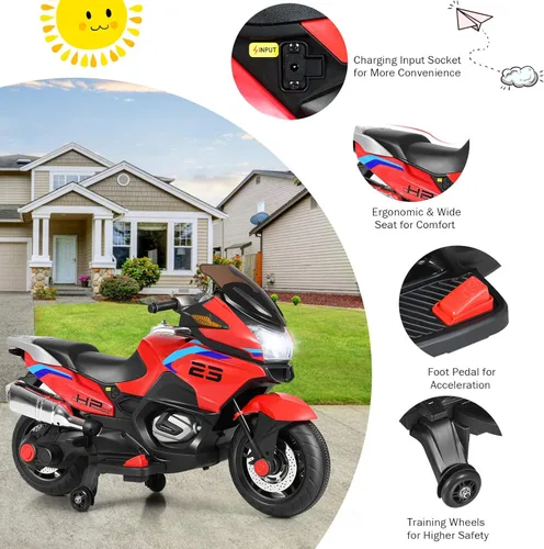 Miniatura 3 de Costzon Motocicleta de Montar para Niños, Motocicleta Eléctrica de Batería de 12V con Ruedas de Entrenamiento, Luces LED, Música, Pedal, Rojo