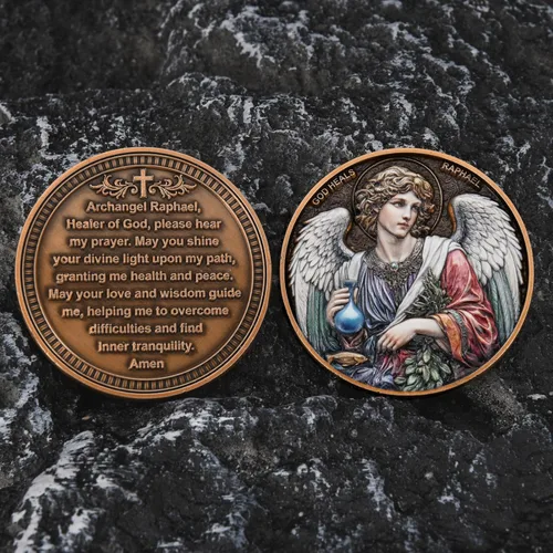 Miniatura 5 de Moneda de desafío Arcángel Rafael - Santo de curación, moneda de coleccionista de doble cara de 1.57 pulgadas