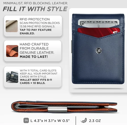 Miniatura 23 de Suavell Billeteras delgadas de cuero para hombres. Cartera con clip para dinero. Cartera de perfil bajo RFID Cartera minimalista