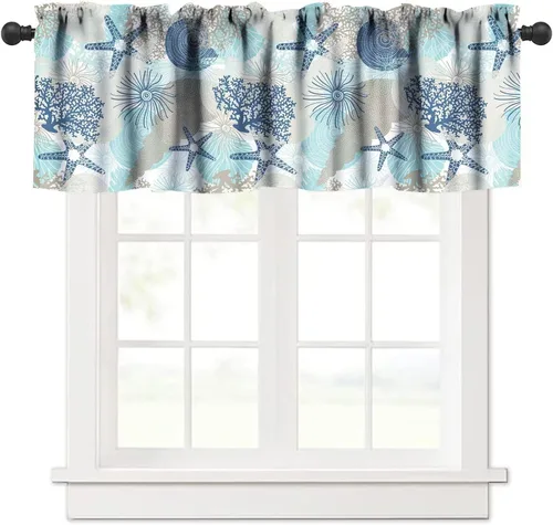Miniatura 10 de JESTRONRY Cenefa de ventana con diseño de estrella de mar, diseño tropical de conchas marinas oceánicas, cenefa de cortina para decoración de cocina