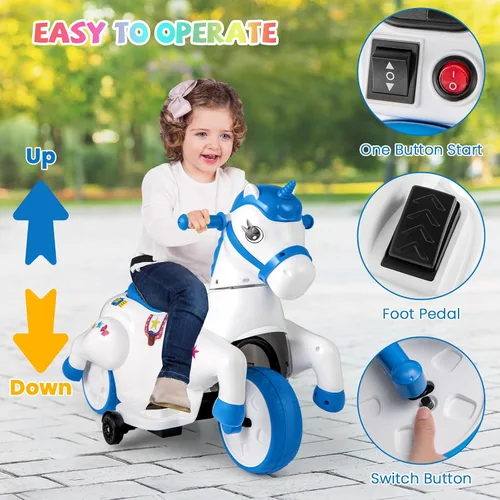 Miniatura 2 de HONEY JOY 12V Unicorn Ride en Juguetes, Caballo de Paseo Motorizado de 3 Ruedas con Batería, con Ruedas de Entrenamiento, Música, Subida y Bajada