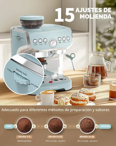 Miniatura 4 de Amaste Máquina de café expreso con molinillo, máquina de café expreso de 15 Bar con varilla de vapor para Latte y capuchino, tanque de agua de 68