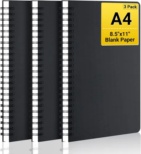 EUSOAR Cuaderno de espiral en blanco, tamaño A4, 3 paquetes de 8.5 x 11 pulgadas, tapa dura, cuaderno de papel kraft en blanco a granel, bloc de