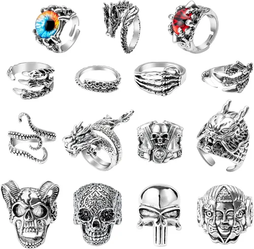 PANTIDE Juego de 16 anillos punk vintage, anillos ajustables de aleación gótica, anillos ajustables de motociclista, esqueleto de Halloween, ojo