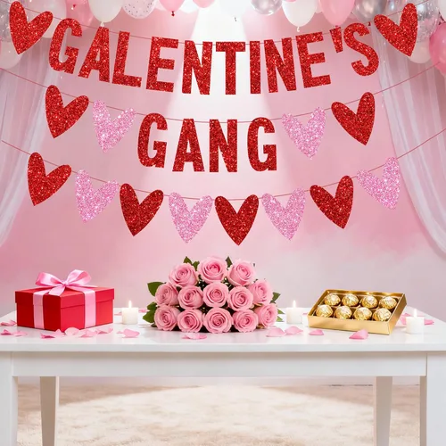 Miniatura 5 de 3 piezas de decoración del día de los galentinos, pancarta con purpurina de la banda de Galentine con guirnalda de corazón de amor, decoración