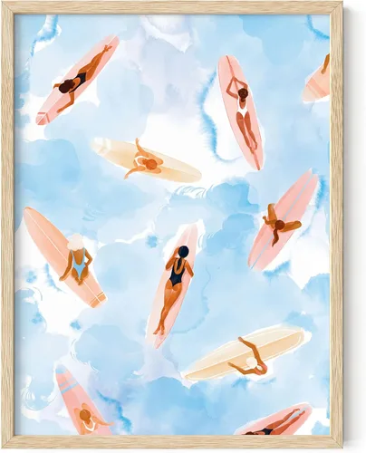 HAUS AND HUES Arte de pared de playa de surf, impresión de tabla de surf en acuarela, decoración de habitación costera (marco beige, 12 x 16