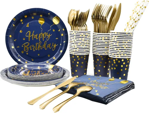 Sirve 25 invitados, 200 unidades de platos desechables de feliz cumpleaños y servilletas suministros para fiesta, juegos de decoración de fiesta de